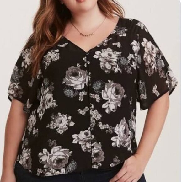 Torrid Black Floral Short Sleeve V-Neck Button Front Top Semi Sheer 1X E5 - Picture 1 of 6